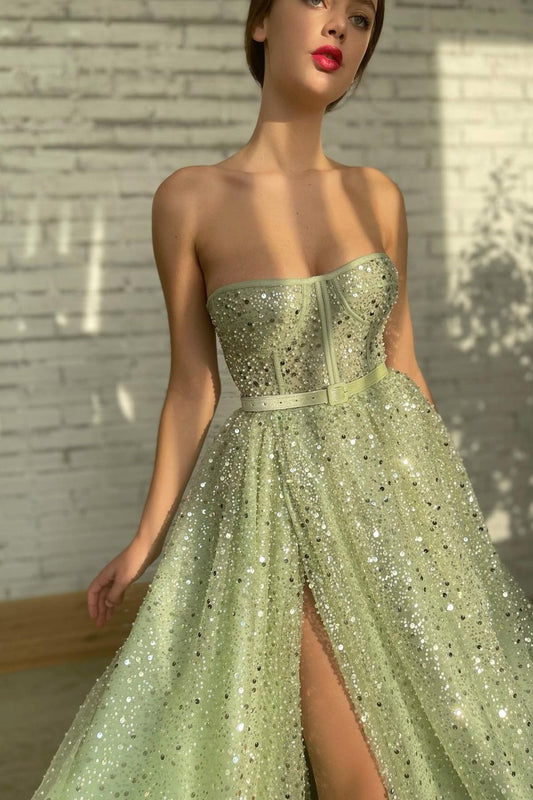 Glamorous Sage Green Strapless Prom Dresses Long Split With Sequins Beads