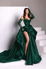  Black Sweetheart Taffeta Prom Dress with Long Lace Gloves High Slit