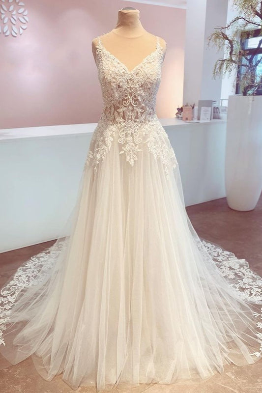 A-Line Wedding Gown with V-Neck Lace