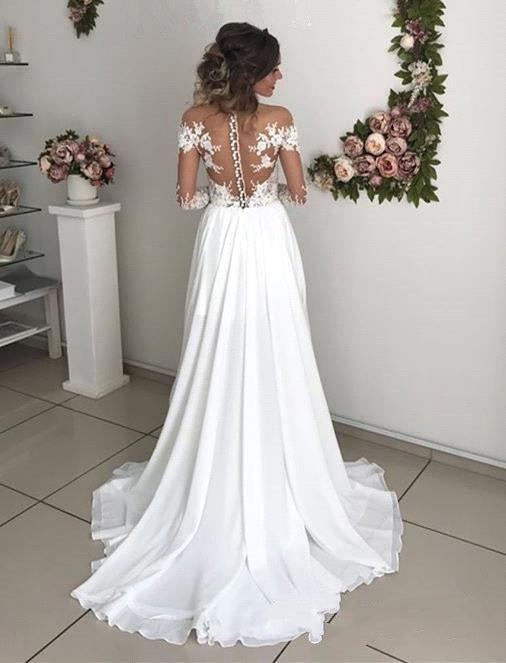 Elegant Long Sleeve Slit A-line Wedding Gown in Chiffon Lace