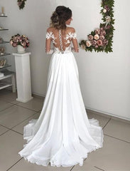 Elegant Long Sleeve Slit A-line Wedding Gown in Chiffon Lace