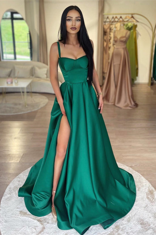 Modern Dark Green Straps Prom Dress Slit Long Online