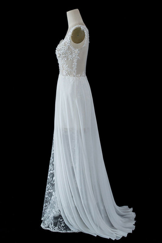 Sheer Split Tulle A-line Wedding Dress with Modern Straps and Lace