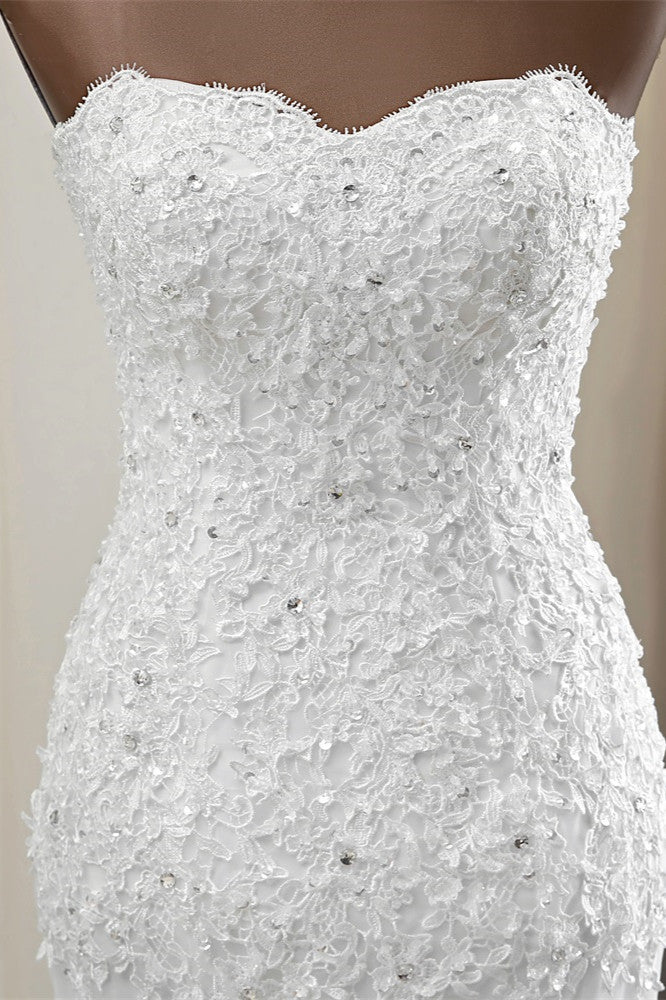Long Mermaid Strapless Lace Wedding Dress with Elegant Appliques and Beadings