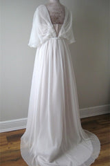 Boho V-Neck Chiffon Lace Wedding Dress Featuring an A-Line Cut and Belt