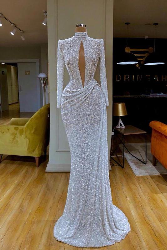 White Sequins Keyhole Mermaid Prom Dress Long Sleevess