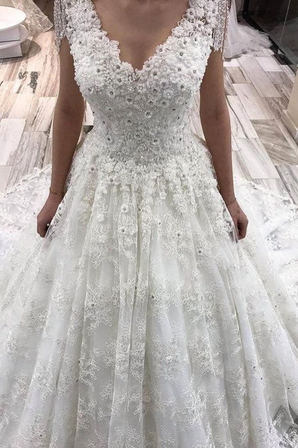 Contemporary Crystal A-Line Floor-length Wedding Dress with Deep V-neck and Appliques Lace