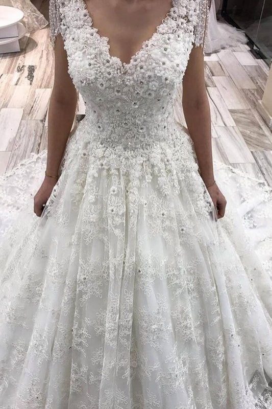 Contemporary Crystal A-Line Floor-length Wedding Dress with Deep V-neck and Appliques Lace