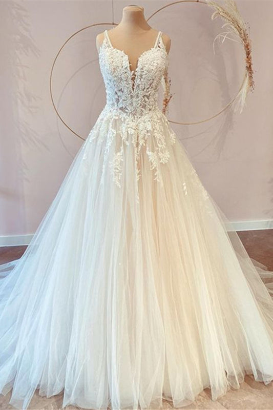 Sweetheart Princess Wedding Dresses with Long Lace and Tulle Appliques