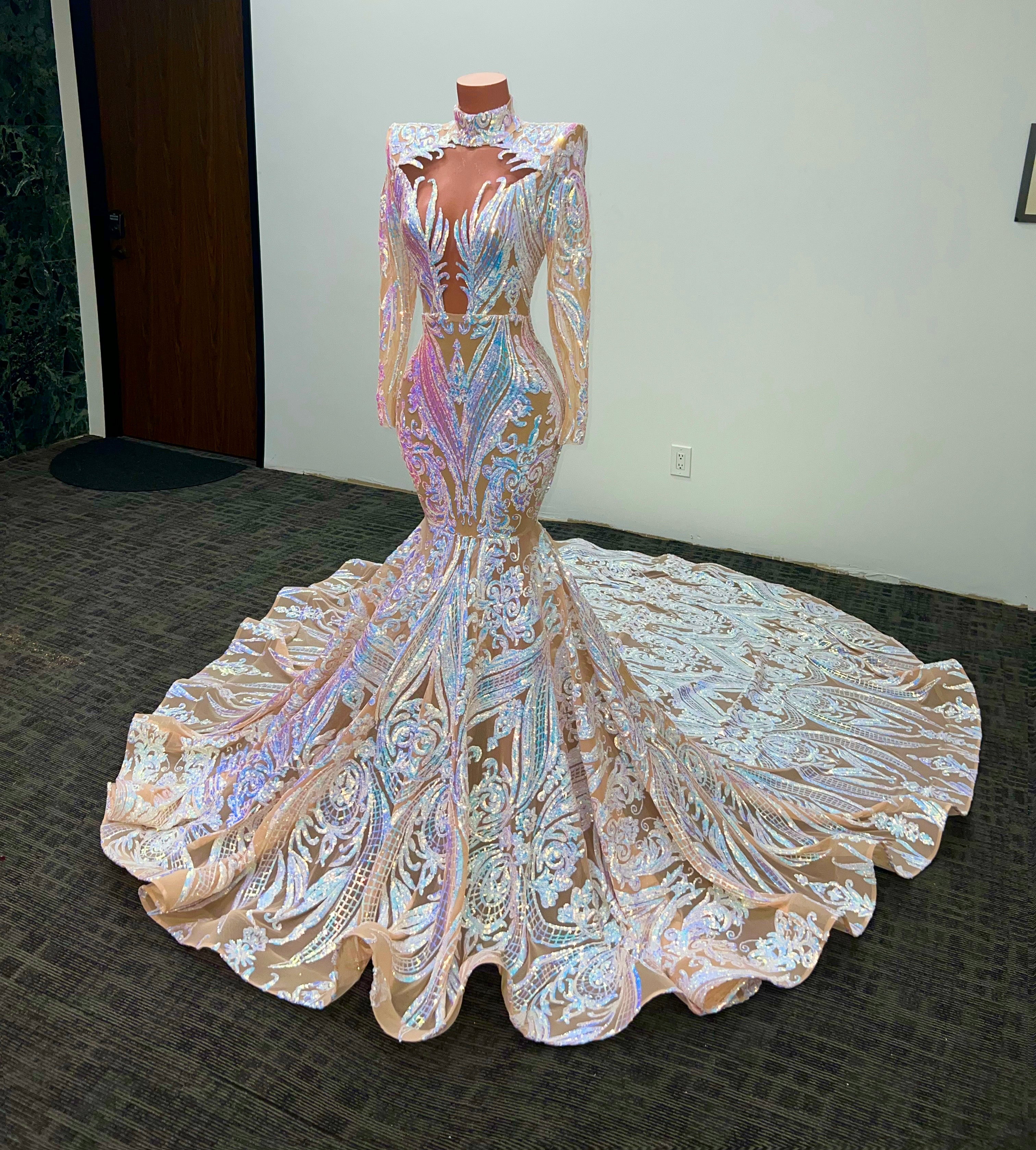 Gorgeous High Neck Long Sleeves Mermaid Prom Dress With Sequins