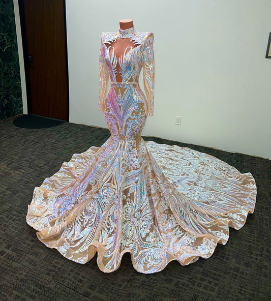 Gorgeous High Neck Long Sleeves Mermaid Prom Dress With Sequins