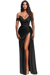 Modern Off-the-Shoulder Dusty Blue Mermaid Prom Dress With Slit