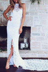 Summer Beach Wedding Dress with High Neck and Lace