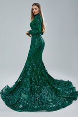 Gorgeous Long Sleeves Emerald Green Prom Dress Mermaid Sequins Long