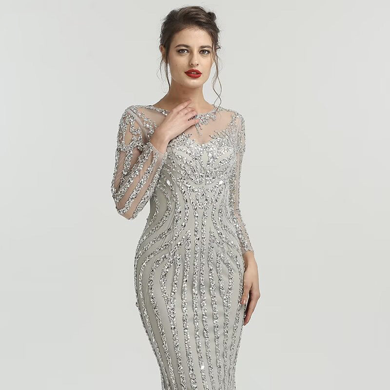 Grey Luxury Long Sleeves Sparkly Evening Dress Mermaid Sexy Diamond Beading Formal Dress