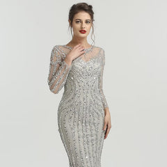 Grey Luxury Long Sleeves Sparkly Evening Dress Mermaid Sexy Diamond Beading Formal Dress
