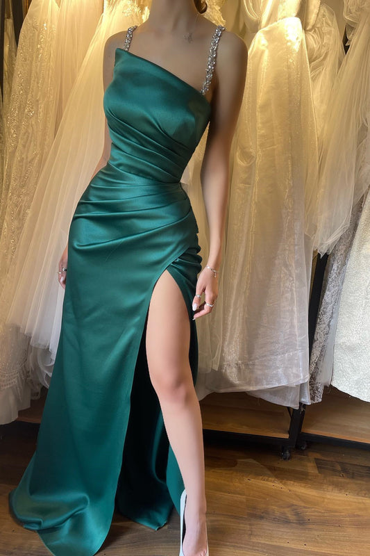 New Arrival Emerald Green Sleeveless Mermaid Prom Dress Pleats Beaded With Split