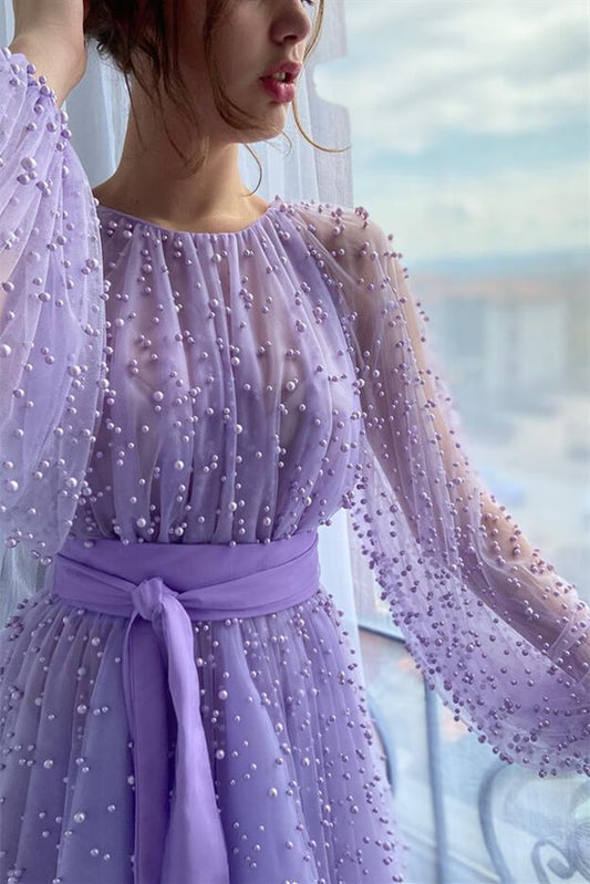 Gorgeous Long Sleeves Lilac Tulle Prom Dress Long With Pearls