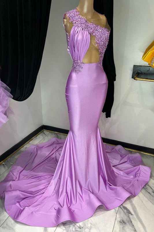 Modern Lilac One Shoulder Mermaid Prom Dress With Appliques