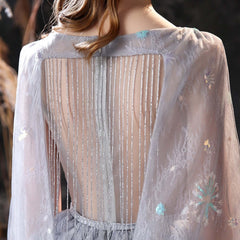 New Arrival Grey Ruffles Long Prom Dress Tulle With Embrodiary