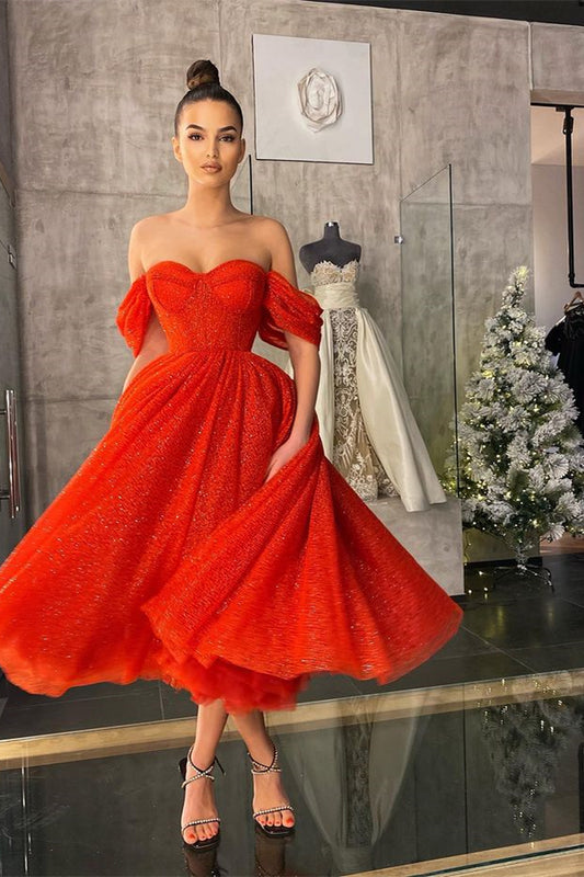 Modern Off-the-Shoulder Red Sequins Prom Dress Tea-Length