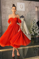 Modern Off-the-Shoulder Red Sequins Prom Dress Tea-Length