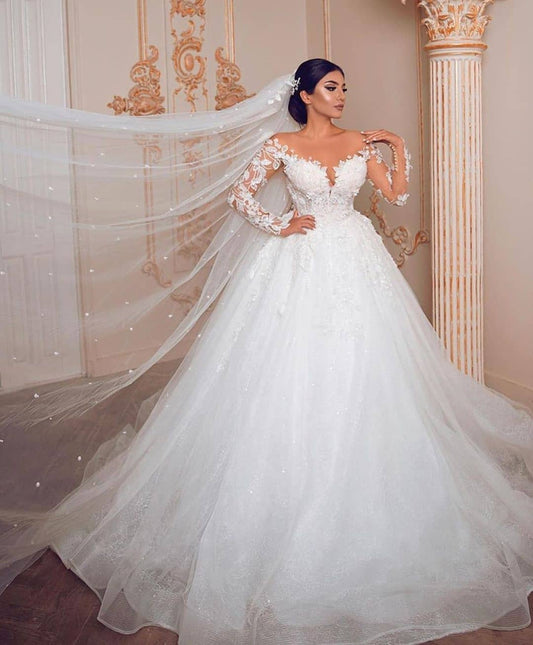 Princess Wedding Dress with Long Sleeves in Modest Tulle and Lace