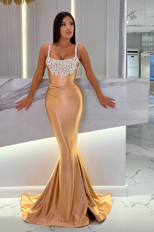 Stunning Gold Straps Prom Dresses Sleeveless Mermaid Long With Crystal