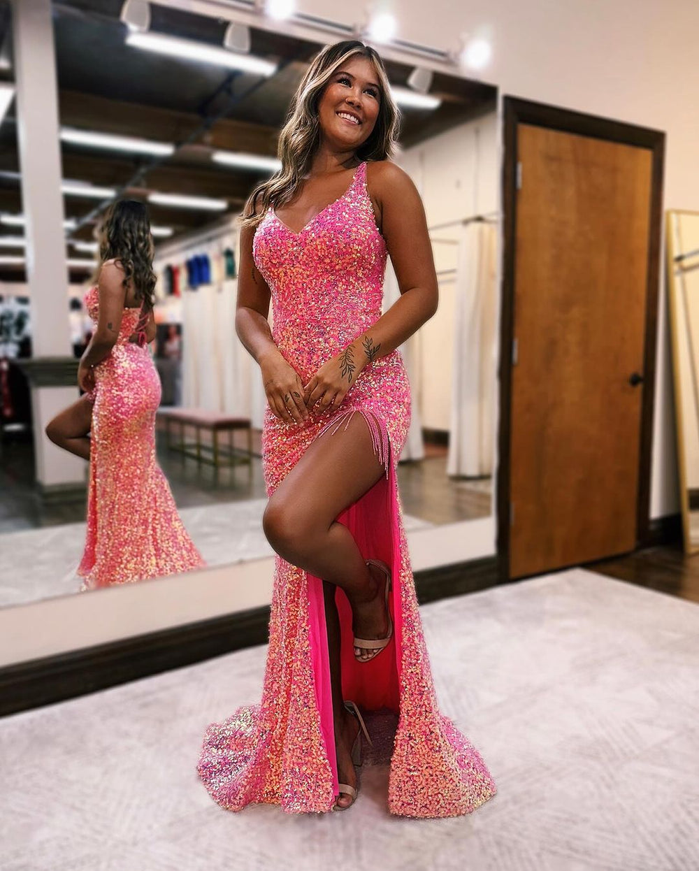 Sparkling Purple Sequin Prom Dress Sleeveless Slit Spaghetti Strap