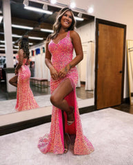 Sparkling Purple Sequin Prom Dress Sleeveless Slit Spaghetti Strap