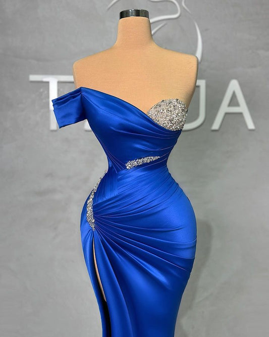 Classy Royal Blue Off-the-Shoulder Prom Dress Mermiad Split With Beads