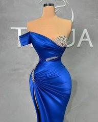 Classy Royal Blue Off-the-Shoulder Prom Dress Mermiad Split With Beads