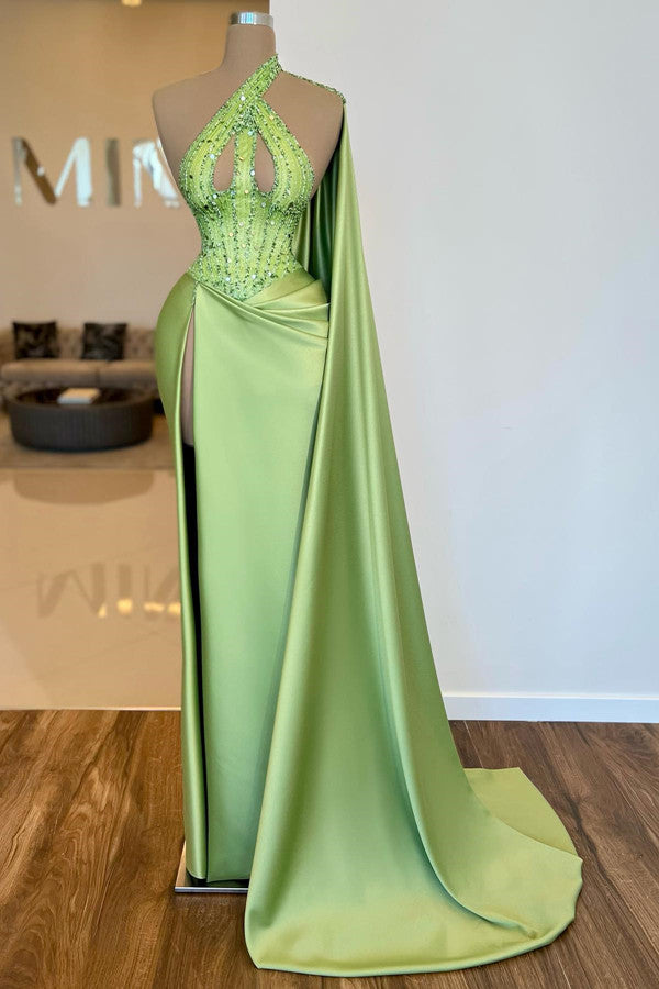 Stunning Sage Green One Shoulder Ruffle Prom Dresses Mermaid High Slit With Sequins Beads