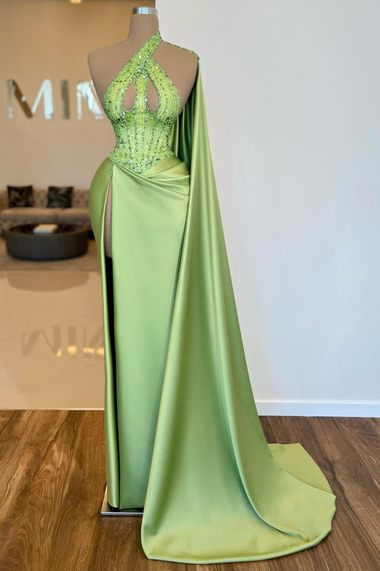 Stunning Sage Green One Shoulder Ruffle Prom Dresses Mermaid High Slit With Sequins Beads