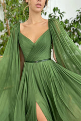 Women Green Ruffles V-neck Long Sleeve Belt Split Prom Dress