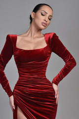 Chic Burgundy Square Long Sleeve Prom Dress Mermaid Split Velvet