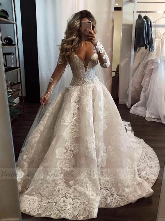Elegant Pearl-Embellished Floor-Length A-Line Wedding Gown with Deep V-Neck and Lace Appliques