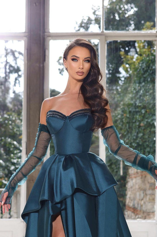 Glamorous Half Sleeves Ink Blue Prom Dress Strapless With High Slit Gown