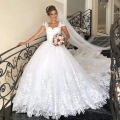 Elegant Princess Wedding Dress with Cap Sleeves and Tulle Lace