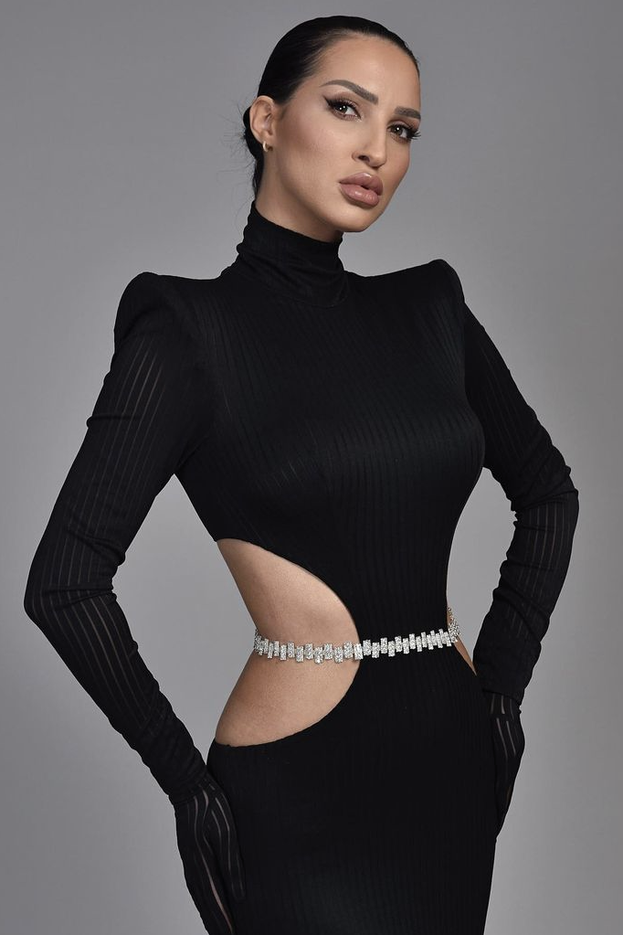 Evening Dress Long Sleeves Mermaid with Belt High Neck