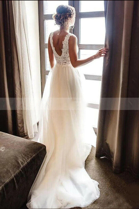 Elegant V-neck A-line Backless Bridal Gown Featuring Lace Applique Straps