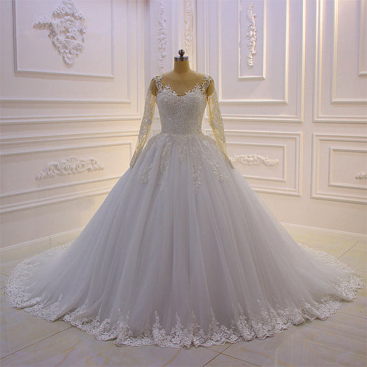 Graceful Long-Sleeve Lace A-Line Bateau Bridal Gown Featuring Pearl Tulle Appliques