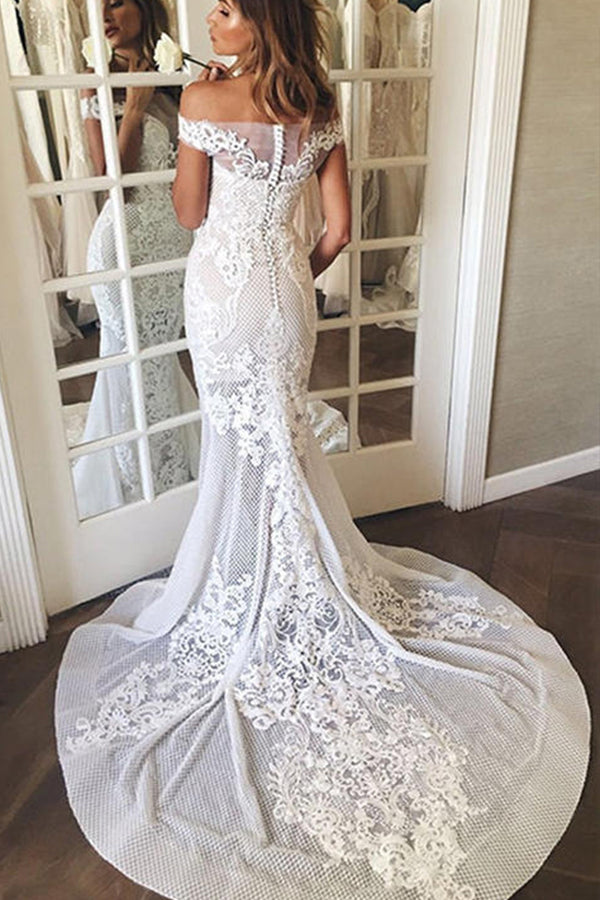Elegant Mermaid Wedding Dress with Off-Shoulder Neckline and Sweep Train Appliques