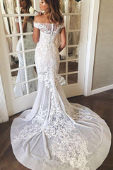Elegant Mermaid Wedding Dress with Off-Shoulder Neckline and Sweep Train Appliques