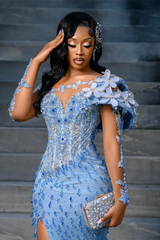 Modern Blue Long Sleeves Mermaid Prom Dress Split Long With Beads Sequins