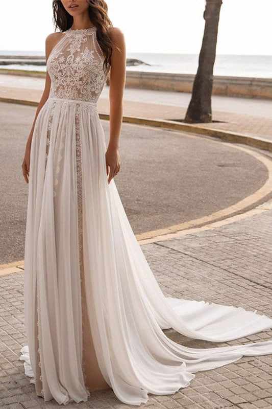 Wedding Dress with Halter Neck and Sleeveless Lace Design