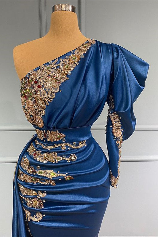 Elegant Long Sleeves One Shoulder Mermaid Prom Dress Navy Blue With Beads