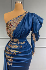 Elegant Long Sleeves One Shoulder Mermaid Prom Dress Navy Blue With Beads