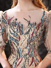 New Arrival Half Sleeves Sequins Mermaid Prom Gown Long Sheer