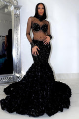 Chic High Neck Long Sleeves Mermaid Prom Dress Flowers Botton With Beads